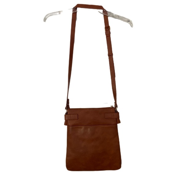 Miztique Crossbody Large Bag Saddle Brown Color. Vegan Leather Striped Interior - Picture 3 of 15